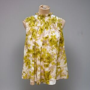 Joie Yellow White Watercolor Sleeveless Relaxed Flowy Top Romantic Cottagecore L